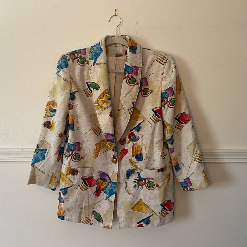 Vintage Abstract All Over Print‎ Linen Blend Blazer Size 4